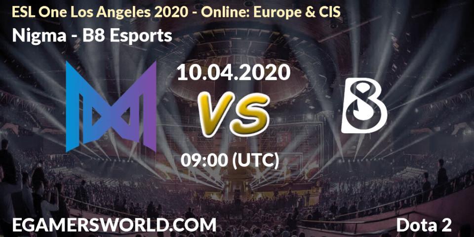 Nigma - B8 Esports: ennuste. 10.04.2020 at 09:00, Dota 2, ESL One Los Angeles 2020 - Online: Europe & CIS