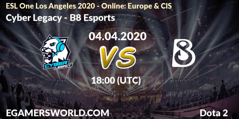 Cyber Legacy - B8 Esports: ennuste. 04.04.2020 at 17:44, Dota 2, ESL One Los Angeles 2020 - Online: Europe & CIS