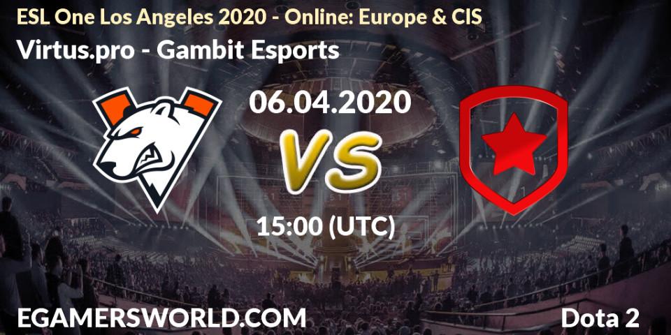 Virtus.pro - Gambit Esports: ennuste. 06.04.20, Dota 2, ESL One Los Angeles 2020 - Online: Europe & CIS