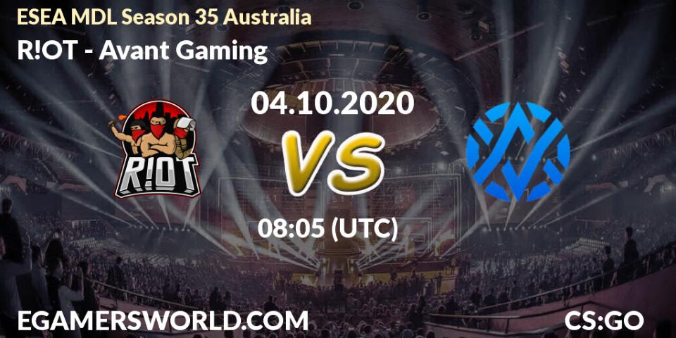 R!OT - Avant Gaming: ennuste. 04.10.2020 at 08:05, Counter-Strike (CS2), ESEA MDL Season 35 Australia