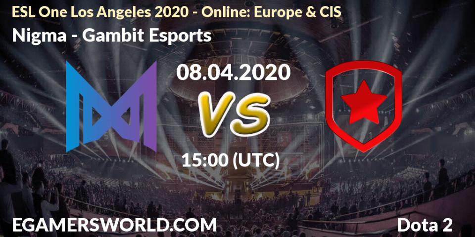 Nigma - Gambit Esports: ennuste. 08.04.20, Dota 2, ESL One Los Angeles 2020 - Online: Europe & CIS