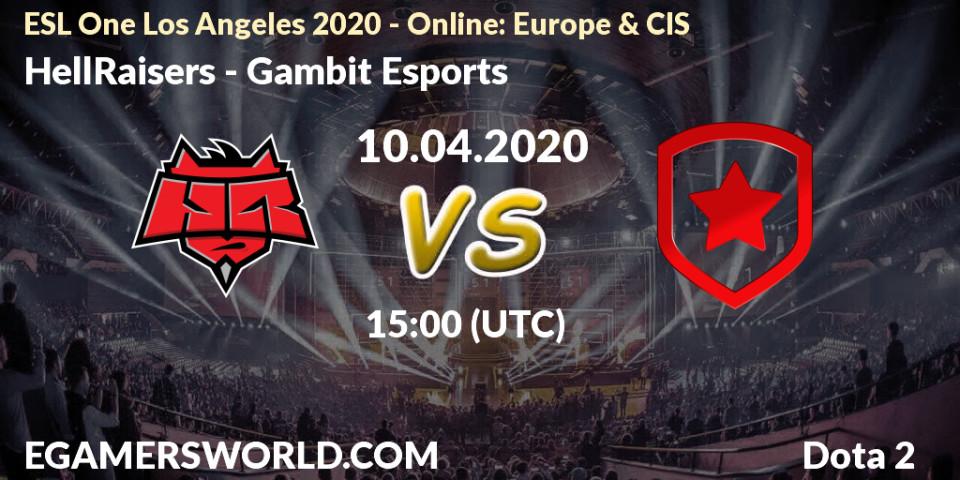 HellRaisers - Gambit Esports: ennuste. 10.04.2020 at 13:56, Dota 2, ESL One Los Angeles 2020 - Online: Europe & CIS