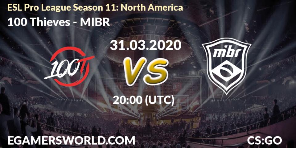 100 Thieves - MIBR: ennuste. 31.03.2020 at 20:00, Counter-Strike (CS2), ESL Pro League Season 11: North America