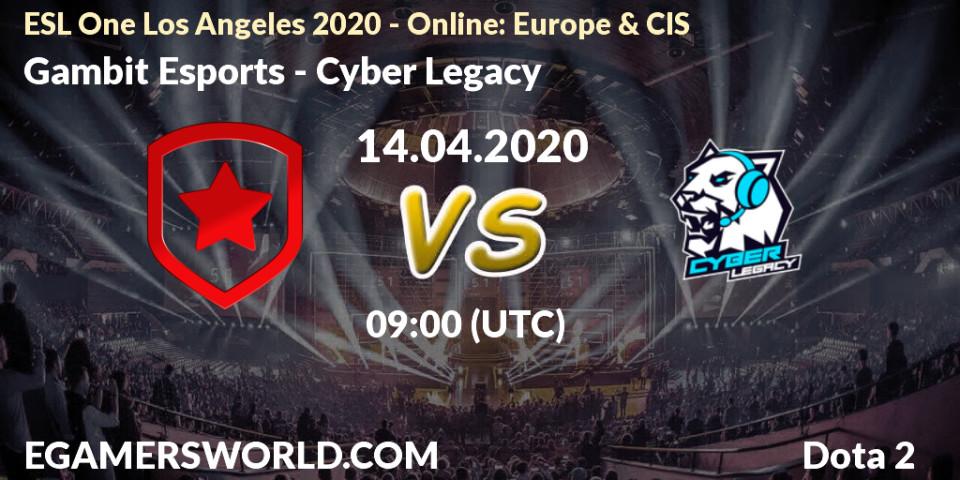 Gambit Esports - Cyber Legacy: ennuste. 14.04.2020 at 09:00, Dota 2, ESL One Los Angeles 2020 - Online: Europe & CIS