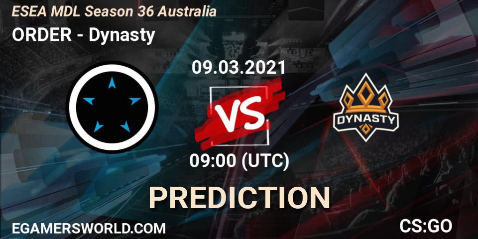 ORDER - Dynasty: ennuste. 09.03.2021 at 09:00, Counter-Strike (CS2), MDL ESEA Season 36: Australia - Premier Division