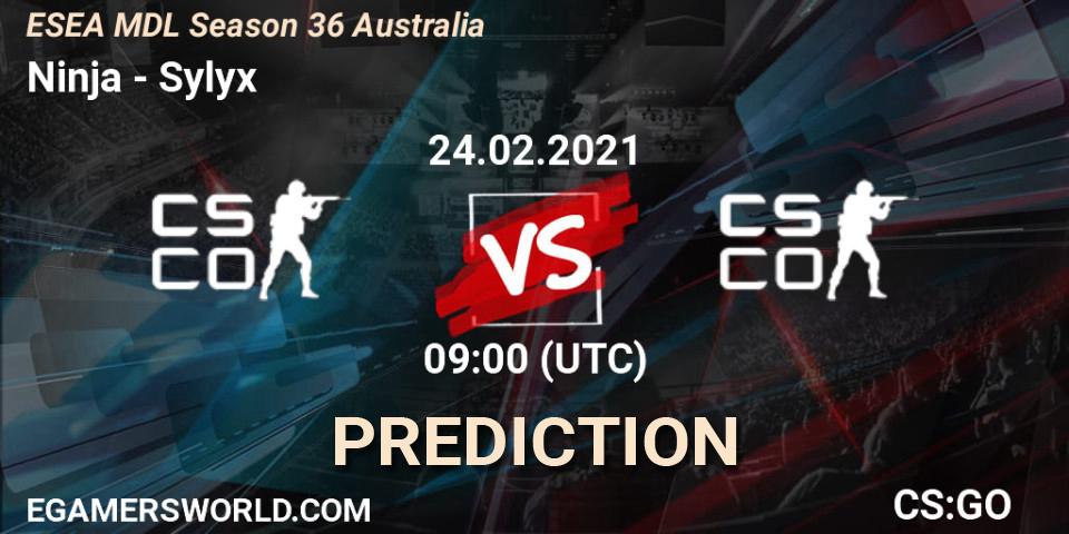 Ninja - Sylyx: ennuste. 24.02.2021 at 09:00, Counter-Strike (CS2), MDL ESEA Season 36: Australia - Premier Division