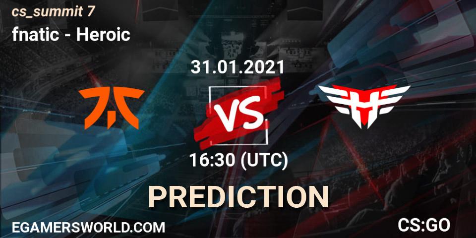 fnatic - Heroic: ennuste. 31.01.2021 at 16:30, Counter-Strike (CS2), cs_summit 7
