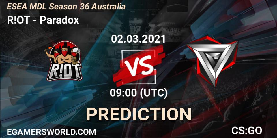 R!OT - Paradox: ennuste. 02.03.2021 at 09:00, Counter-Strike (CS2), MDL ESEA Season 36: Australia - Premier Division