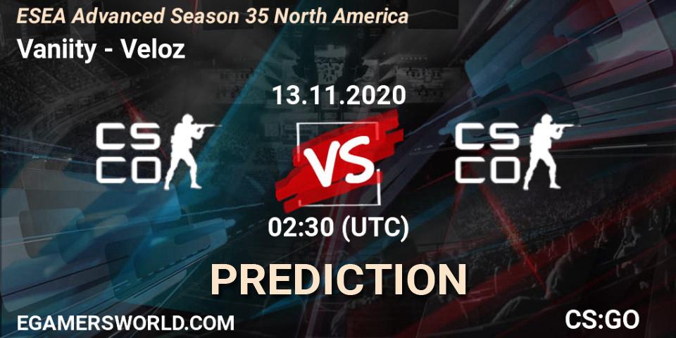 Vaniity - Veloz: ennuste. 13.11.2020 at 02:30, Counter-Strike (CS2), ESEA Advanced Season 35 North America