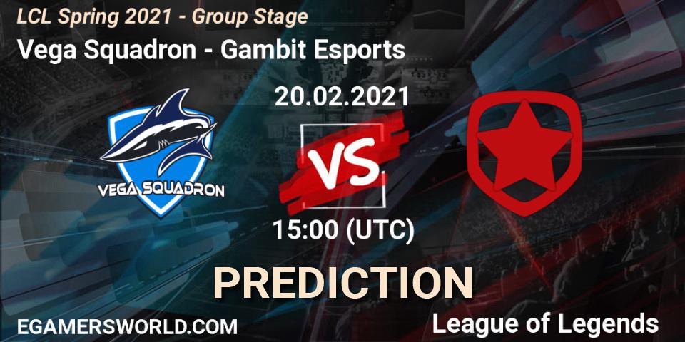 Vega Squadron - Gambit Esports: ennuste. 20.02.2021 at 15:00, LoL, LCL Spring 2021 - Group Stage