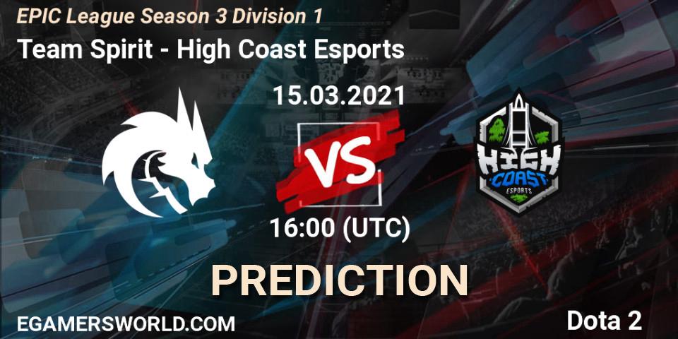 Team Spirit - High Coast Esports: ennuste. 15.03.2021 at 16:01, Dota 2, EPIC League Season 3 Division 1