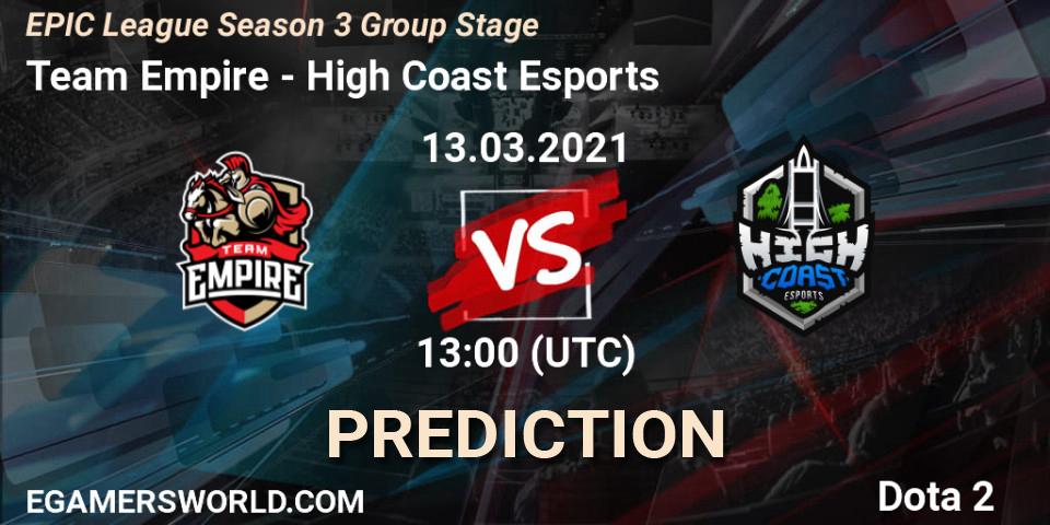 Team Empire - High Coast Esports: ennuste. 13.03.2021 at 12:59, Dota 2, EPIC League Season 3 Group Stage