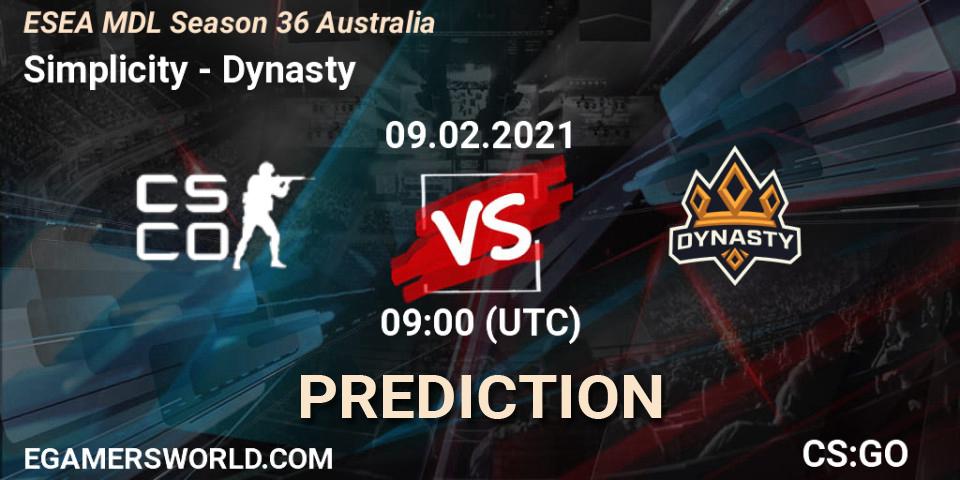 Simplicity - Dynasty: ennuste. 09.02.2021 at 09:00, Counter-Strike (CS2), MDL ESEA Season 36: Australia - Premier Division