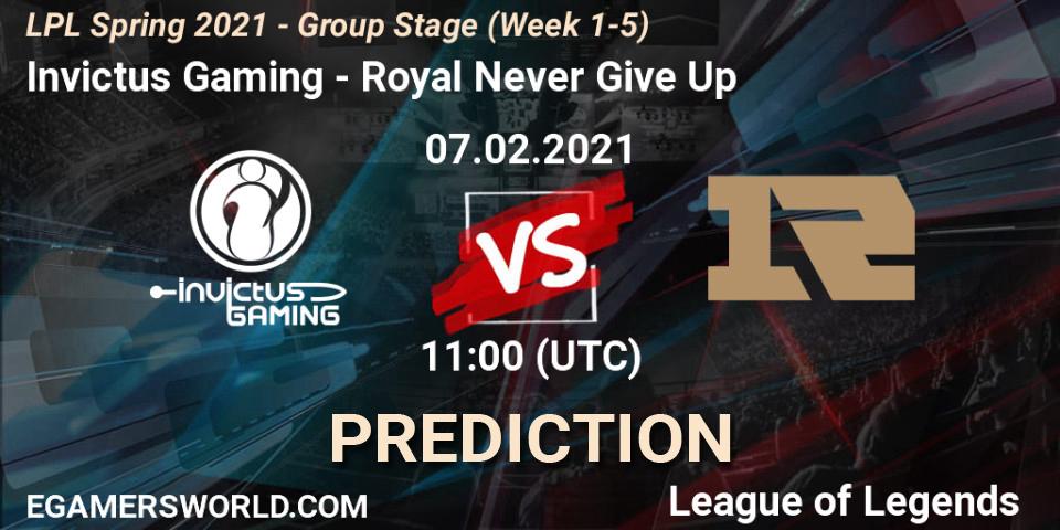 Invictus Gaming - Royal Never Give Up: ennuste. 07.02.2021 at 12:08, LoL, LPL Spring 2021 - Group Stage (Week 1-5)