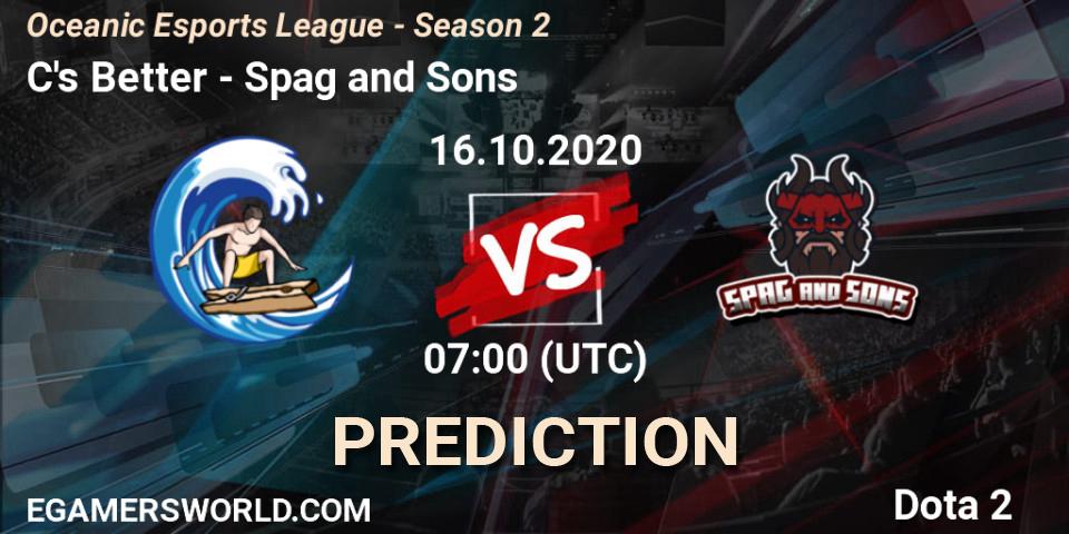 C's Better - Spag and Sons: ennuste. 16.10.2020 at 07:01, Dota 2, Oceanic Esports League - Season 2