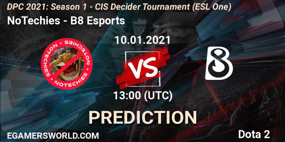 NoTechies - B8 Esports: ennuste. 10.01.2021 at 13:00, Dota 2, DPC 2021: Season 1 - CIS Decider Tournament (ESL One)