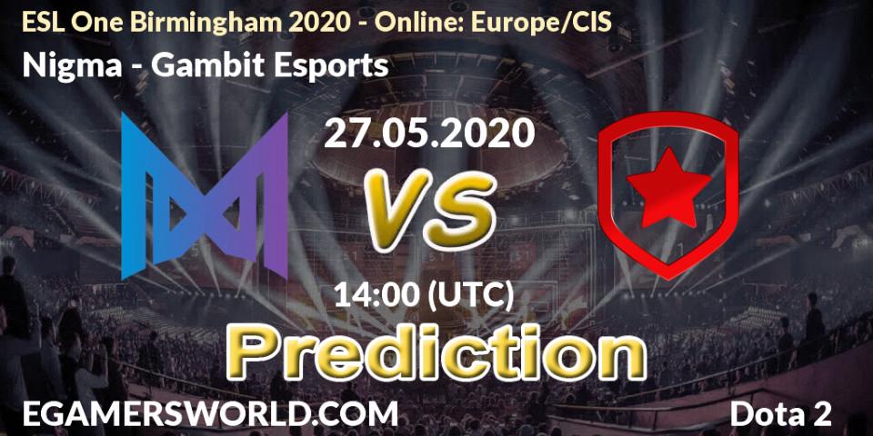 Nigma - Gambit Esports: ennuste. 27.05.2020 at 14:18, Dota 2, ESL One Birmingham 2020 - Online: Europe/CIS