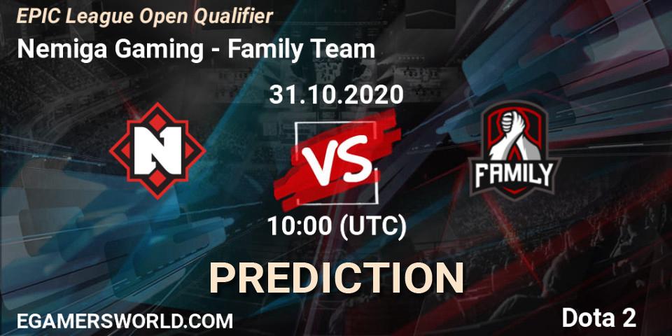 Nemiga Gaming - Family Team: ennuste. 31.10.2020 at 10:20, Dota 2, EPIC League Open Qualifier