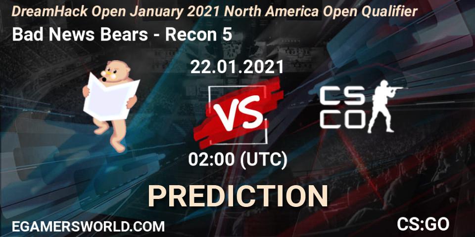 Bad News Bears - Recon 5: ennuste. 22.01.2021 at 02:00, Counter-Strike (CS2), DreamHack Open January 2021 North America Open Qualifier
