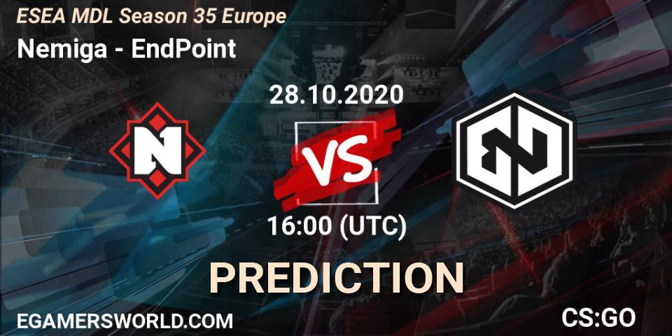 Nemiga - EndPoint: ennuste. 28.10.2020 at 16:00, Counter-Strike (CS2), ESEA MDL Season 35 Europe