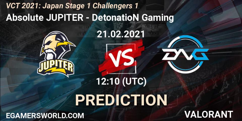 Absolute JUPITER - DetonatioN Gaming: ennuste. 21.02.21, VALORANT, VCT 2021: Japan Stage 1 Challengers 1