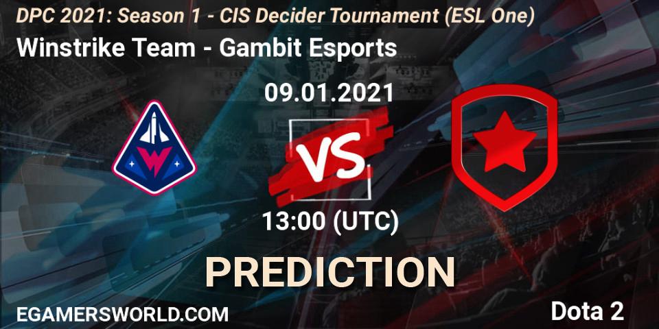 Winstrike Team - Gambit Esports: ennuste. 09.01.2021 at 13:00, Dota 2, DPC 2021: Season 1 - CIS Decider Tournament (ESL One)