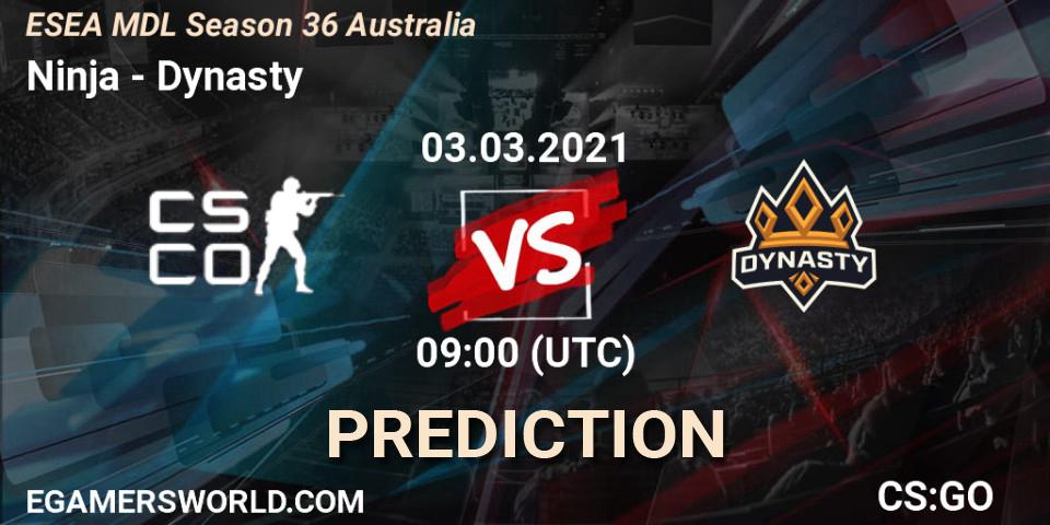 Ninja - Dynasty: ennuste. 03.03.2021 at 09:00, Counter-Strike (CS2), MDL ESEA Season 36: Australia - Premier Division