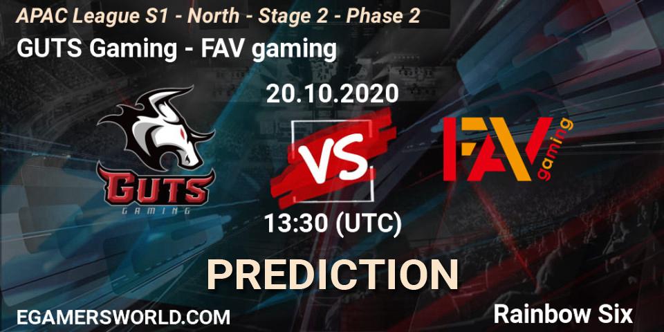 GUTS Gaming - FAV gaming: ennuste. 20.10.2020 at 13:30, Rainbow Six, APAC League S1 - North - Stage 2 - Phase 2