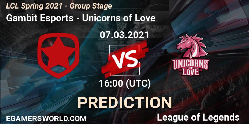 Gambit Esports - Unicorns of Love: ennuste. 07.03.21, LoL, LCL Spring 2021 - Group Stage