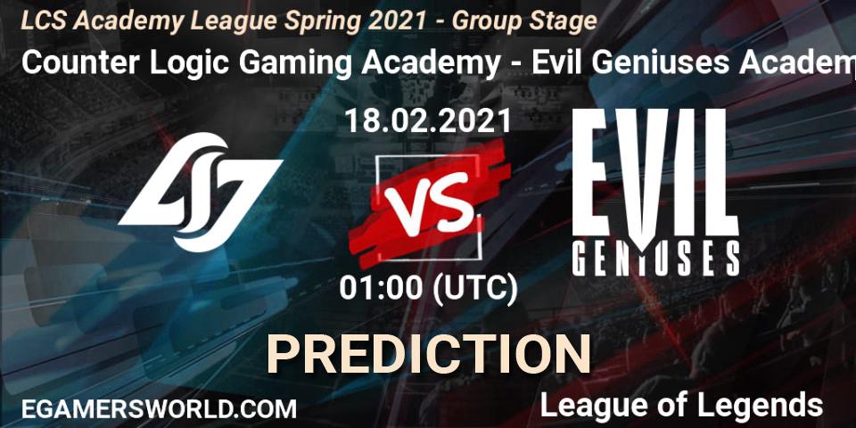 Counter Logic Gaming Academy - Evil Geniuses Academy: ennuste. 18.02.21, LoL, LCS Academy League Spring 2021 - Group Stage