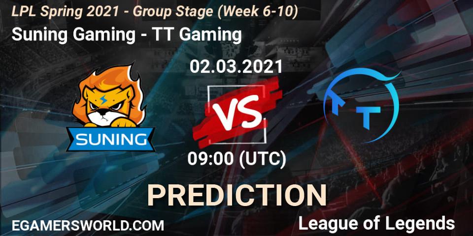 Suning Gaming - TT Gaming: ennuste. 02.03.2021 at 09:00, LoL, LPL Spring 2021 - Group Stage (Week 6-10)