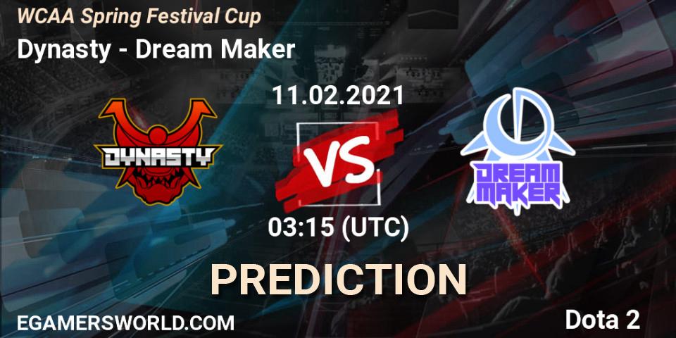 Dynasty - Dream Maker: ennuste. 11.02.2021 at 03:38, Dota 2, WCAA Spring Festival Cup
