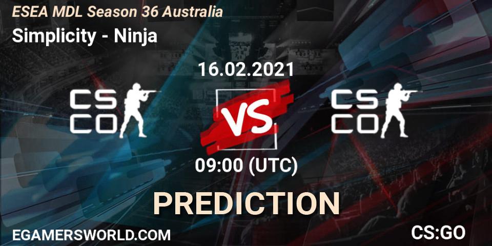 Simplicity - Ninja: ennuste. 16.02.2021 at 09:00, Counter-Strike (CS2), MDL ESEA Season 36: Australia - Premier Division