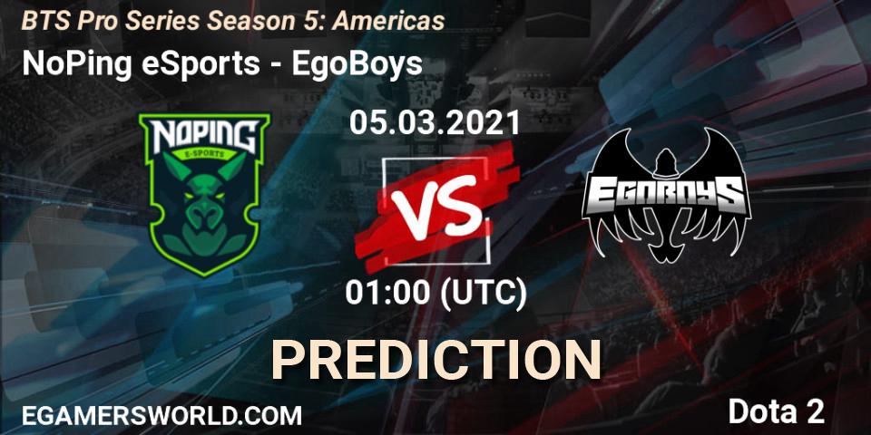 NoPing eSports - EgoBoys: ennuste. 05.03.2021 at 01:06, Dota 2, BTS Pro Series Season 5: Americas
