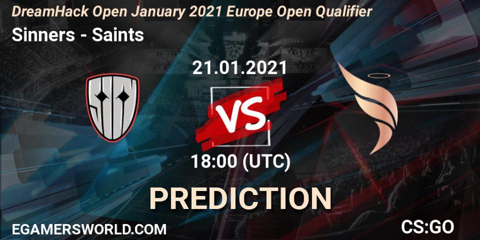 Sinners - Saints: ennuste. 21.01.2021 at 18:10, Counter-Strike (CS2), DreamHack Open January 2021 Europe Open Qualifier