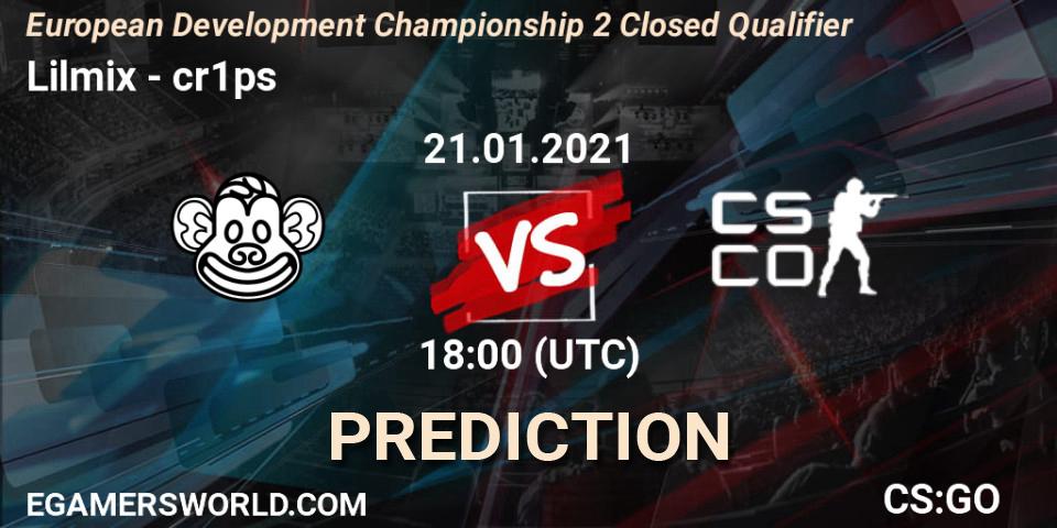 Lilmix - cR1Ps: ennuste. 21.01.2021 at 17:45, Counter-Strike (CS2), European Development Championship Season 2: Closed Qualifier