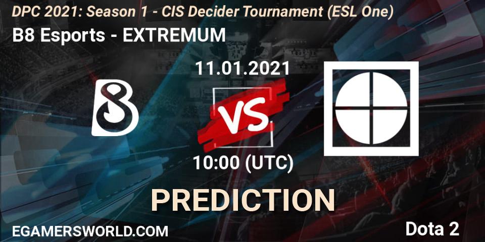 B8 Esports - EXTREMUM: ennuste. 11.01.2021 at 10:00, Dota 2, DPC 2021: Season 1 - CIS Decider Tournament (ESL One)