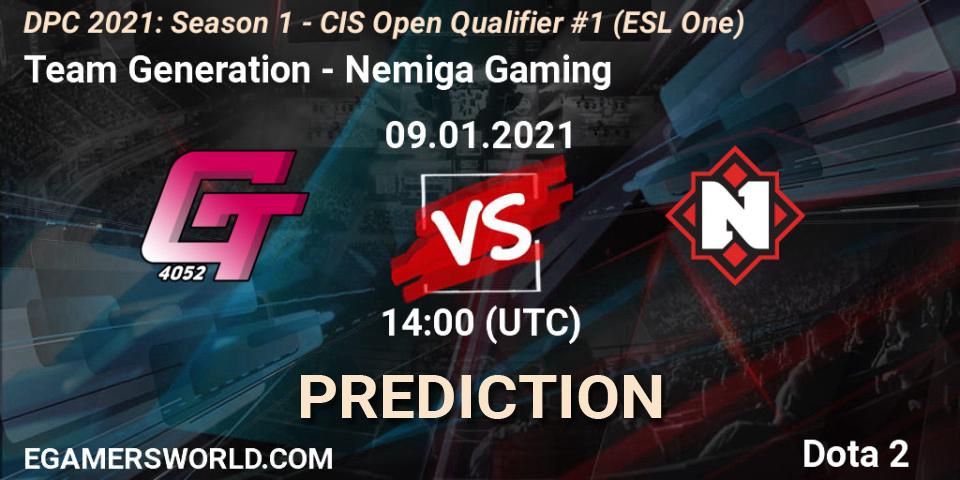 Team Generation - Nemiga Gaming: ennuste. 09.01.2021 at 14:04, Dota 2, DPC 2021: Season 1 - CIS Open Qualifier #1 (ESL One)