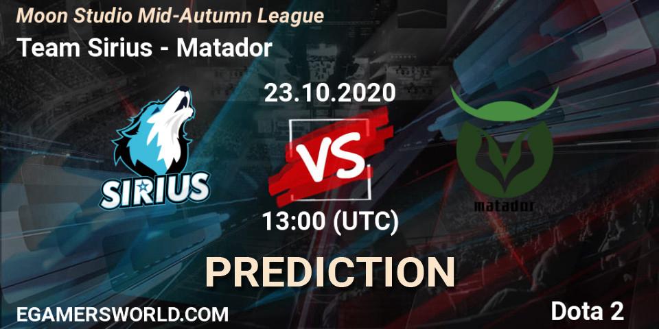 Team Sirius - Matador: ennuste. 23.10.2020 at 11:52, Dota 2, Moon Studio Mid-Autumn League