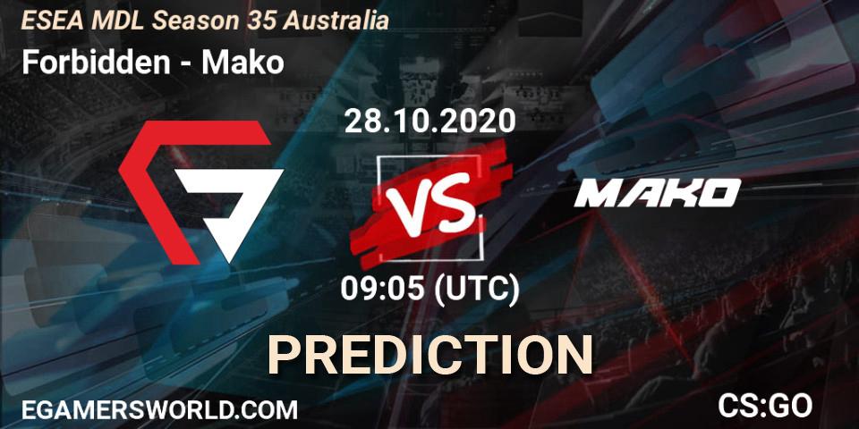 Forbidden - Mako: ennuste. 28.10.2020 at 09:05, Counter-Strike (CS2), ESEA MDL Season 35 Australia