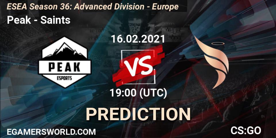 Peak - Saints: ennuste. 16.02.2021 at 19:00, Counter-Strike (CS2), ESEA Season 36: Europe - Advanced Division