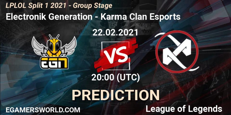 Electronik Generation - Karma Clan Esports: ennuste. 22.02.2021 at 20:00, LoL, LPLOL Split 1 2021 - Group Stage