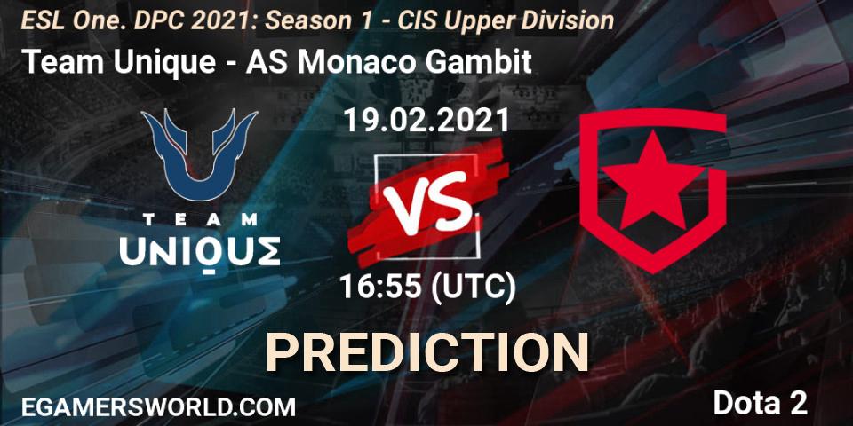 Team Unique - AS Monaco Gambit: ennuste. 19.02.2021 at 16:55, Dota 2, ESL One. DPC 2021: Season 1 - CIS Upper Division