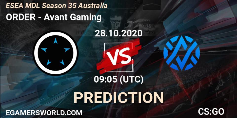 ORDER - Avant Gaming: ennuste. 28.10.2020 at 09:05, Counter-Strike (CS2), ESEA MDL Season 35 Australia