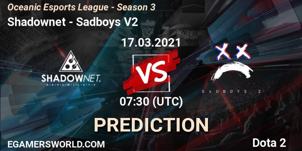 Shadownet - Sadboys V2: ennuste. 17.03.2021 at 07:33, Dota 2, Oceanic Esports League - Season 3