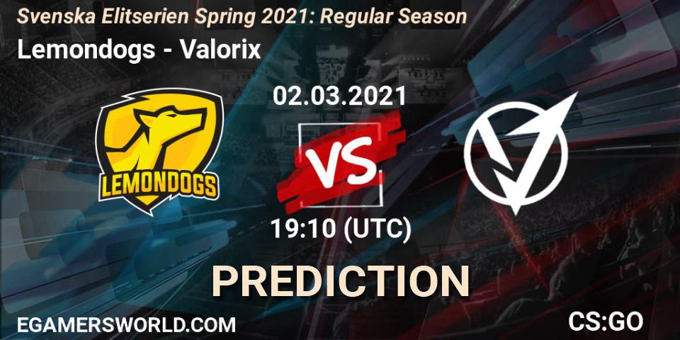 Lemondogs - Valorix: ennuste. 02.03.2021 at 19:10, Counter-Strike (CS2), Svenska Elitserien Spring 2021: Regular Season
