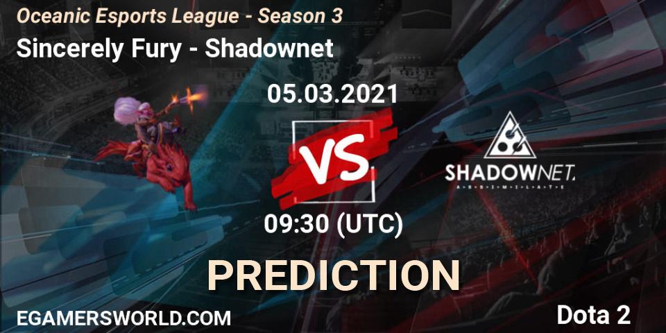 Sincerely Fury - Shadownet: ennuste. 05.03.2021 at 09:30, Dota 2, Oceanic Esports League - Season 3