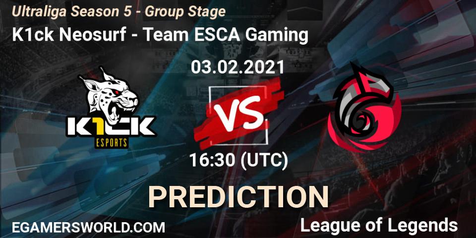 K1ck Neosurf - Team ESCA Gaming: ennuste. 03.02.2021 at 16:30, LoL, Ultraliga Season 5 - Group Stage