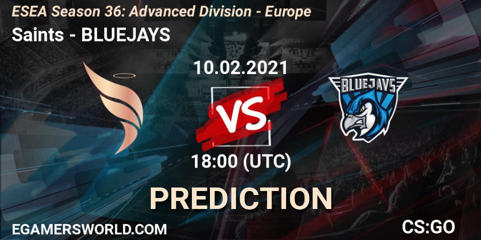 Saints - BLUEJAYS: ennuste. 10.02.2021 at 18:00, Counter-Strike (CS2), ESEA Season 36: Europe - Advanced Division