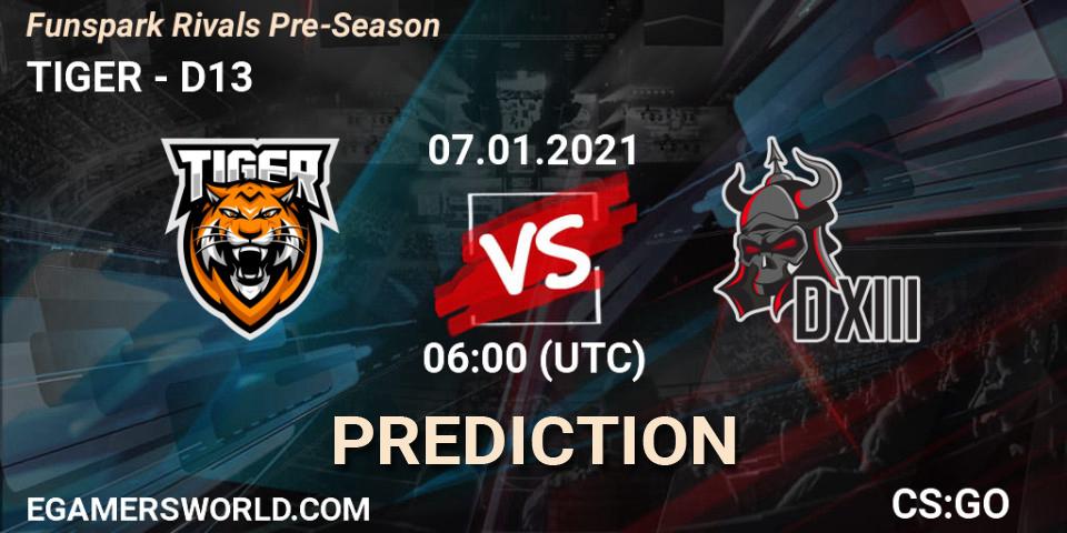 TIGER - D13: ennuste. 07.01.2021 at 06:00, Counter-Strike (CS2), Funspark Rivals Pre-Season